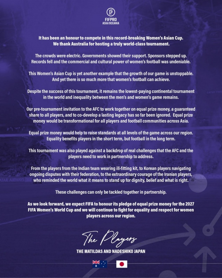 开云官方-澳大利亚女足和日本女足共同发表声明，要求提高女足赛事奖金